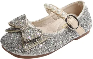 IWIHMIV Dress Up Shoes for Toddler Girls Pearl Rhinestone Bow Dress Shoes Princess Mary Jane Party Dress Shoes