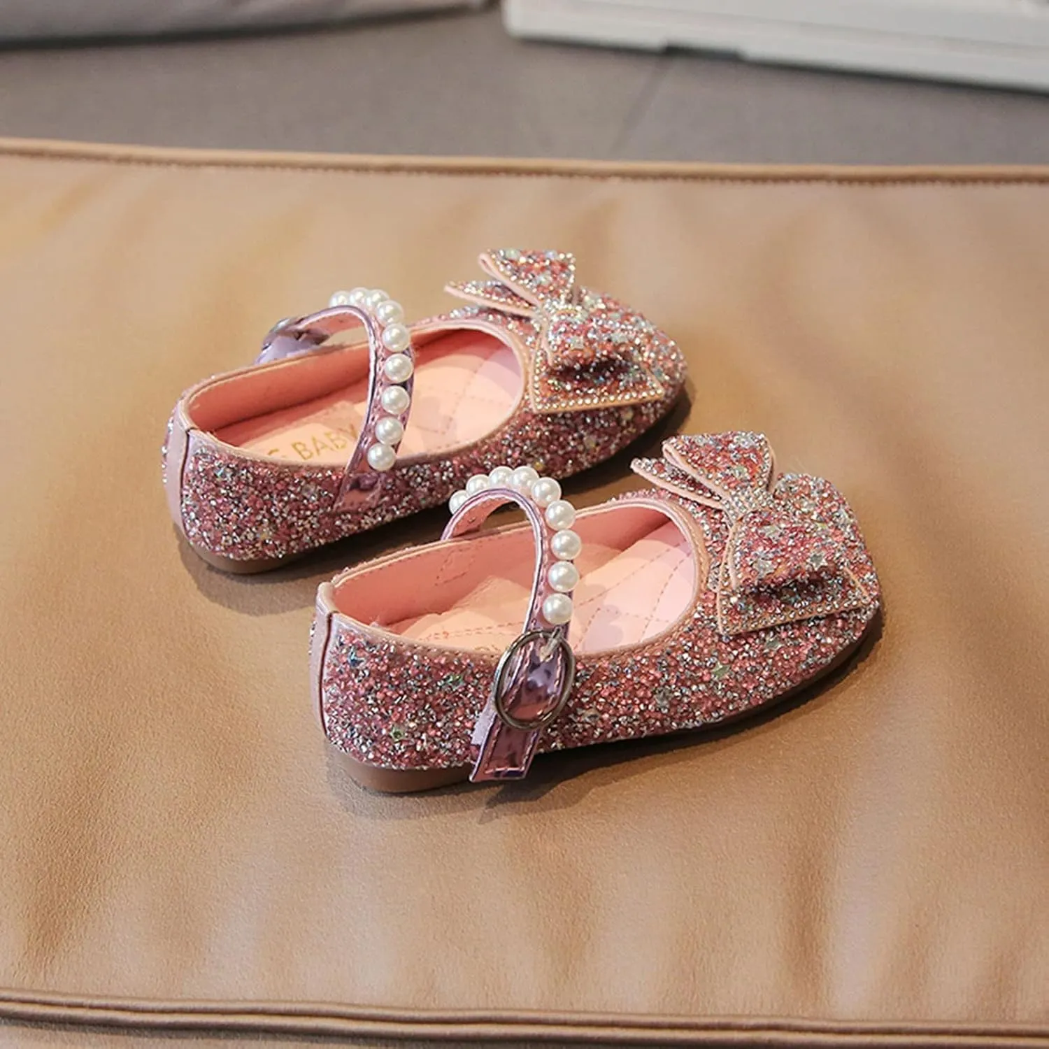 IWIHMIV Dress Up Shoes for Toddler Girls Pearl Rhinestone Bow Dress Shoes Princess Mary Jane Party Dress Shoes