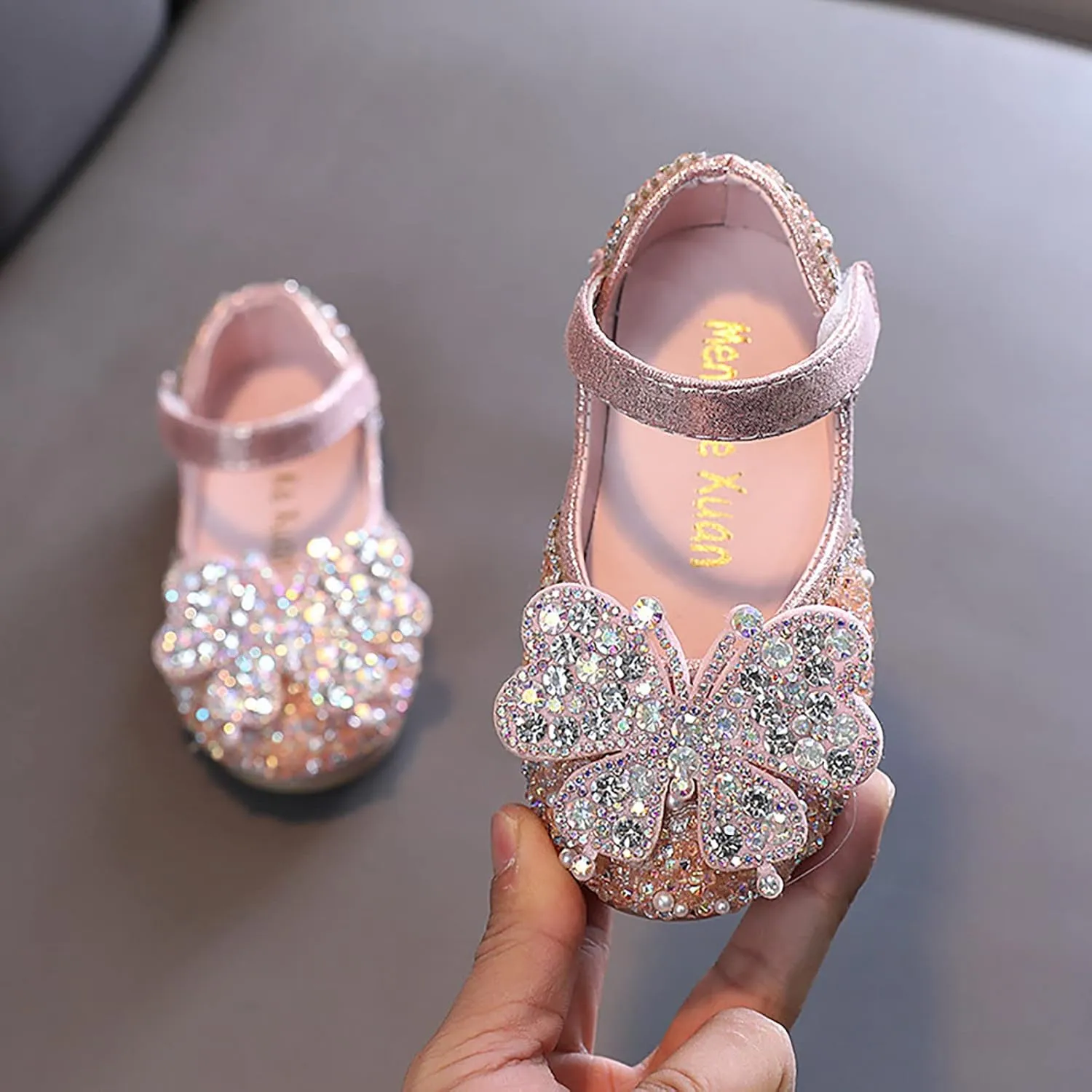 IWIHMIV Girls Mary Jane Dress Shoes Ballet Flat with Bow Pearl Rhinestones Shining Baby Girls Shoes