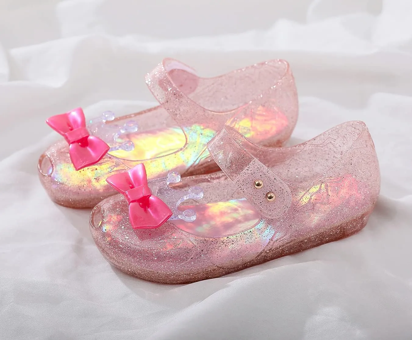 Jelly Shoes for Girls Princess Dress Up Flat Sandals for Toddler Cosplay Clear Glitter Jellies Mary Janes with Bow/Crown