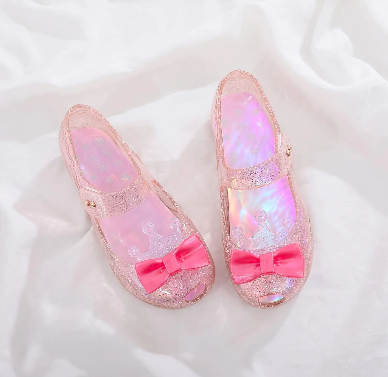 Jelly Shoes for Girls Princess Dress Up Flat Sandals for Toddler Cosplay Clear Glitter Jellies Mary Janes with Bow/Crown