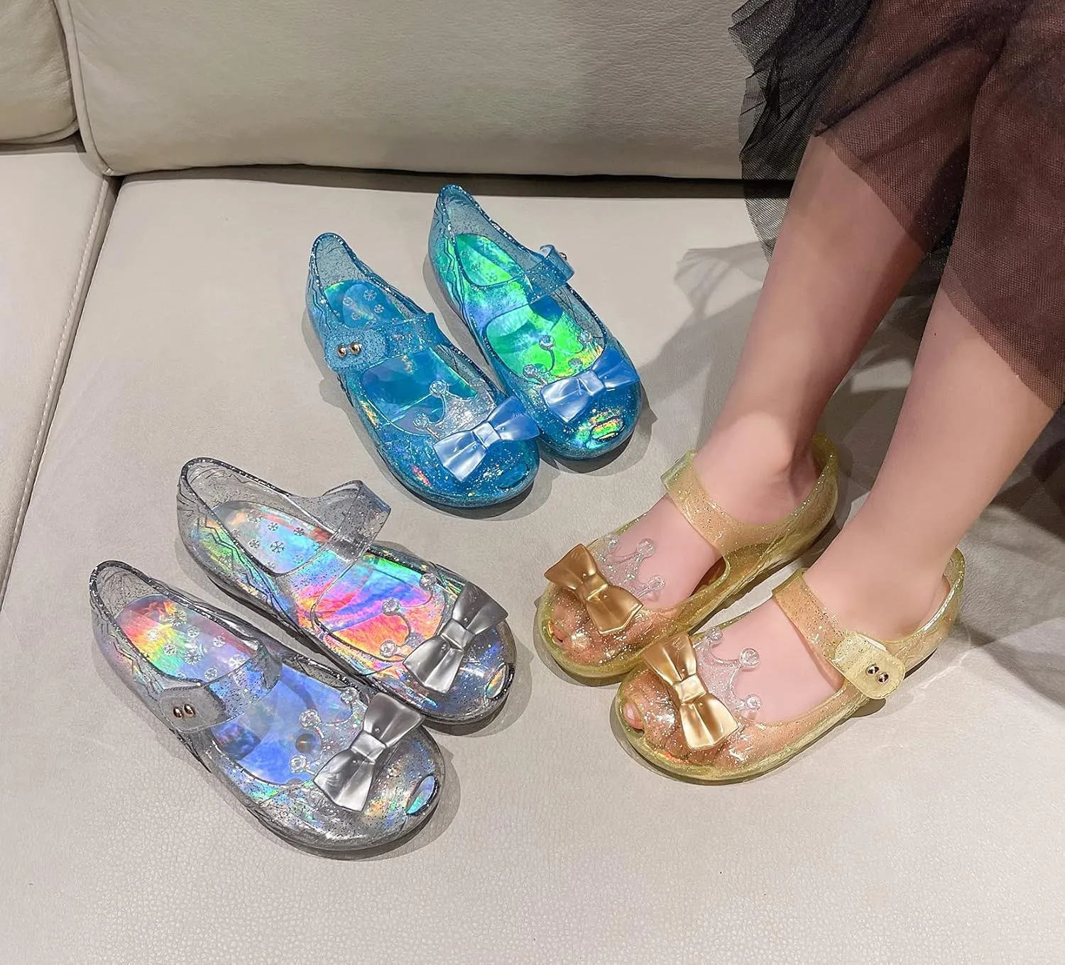 Jelly Shoes for Girls Princess Dress Up Flat Sandals for Toddler Cosplay Clear Glitter Jellies Mary Janes with Bow/Crown