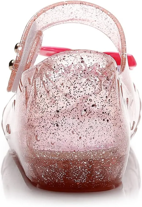 Jelly Shoes for Girls Princess Dress Up Flat Sandals for Toddler Cosplay Clear Glitter Jellies Mary Janes with Bow/Crown
