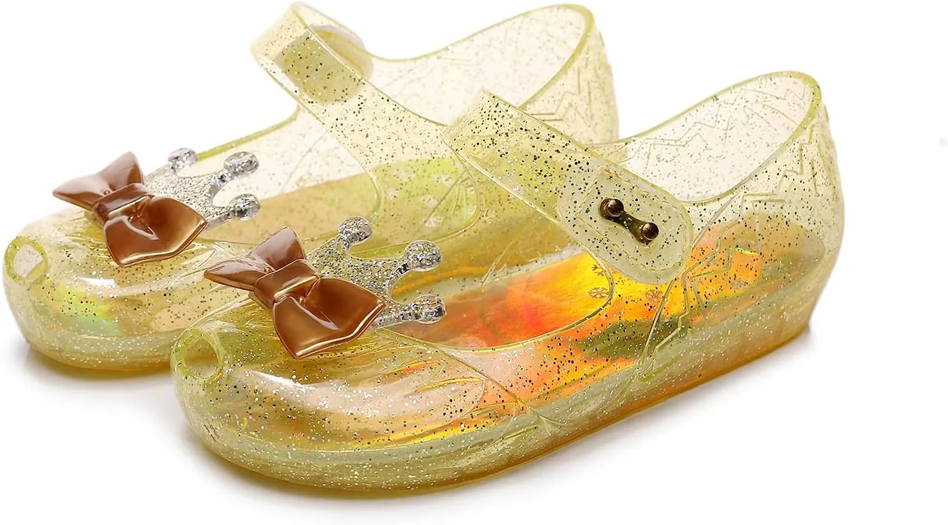 Jelly Shoes for Girls Princess Dress Up Flat Sandals for Toddler Cosplay Clear Glitter Jellies Mary Janes with Bow/Crown