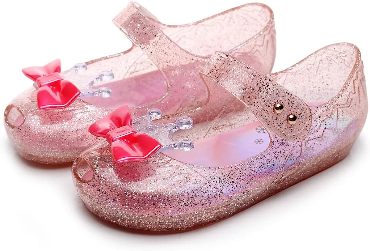Jelly Shoes for Girls Princess Dress Up Flat Sandals for Toddler Cosplay Clear Glitter Jellies Mary Janes with Bow/Crown