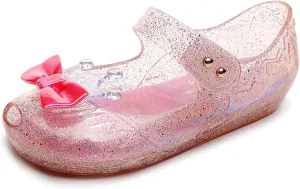 Jelly Shoes for Girls Princess Dress Up Flat Sandals for Toddler Cosplay Clear Glitter Jellies Mary Janes with Bow/Crown