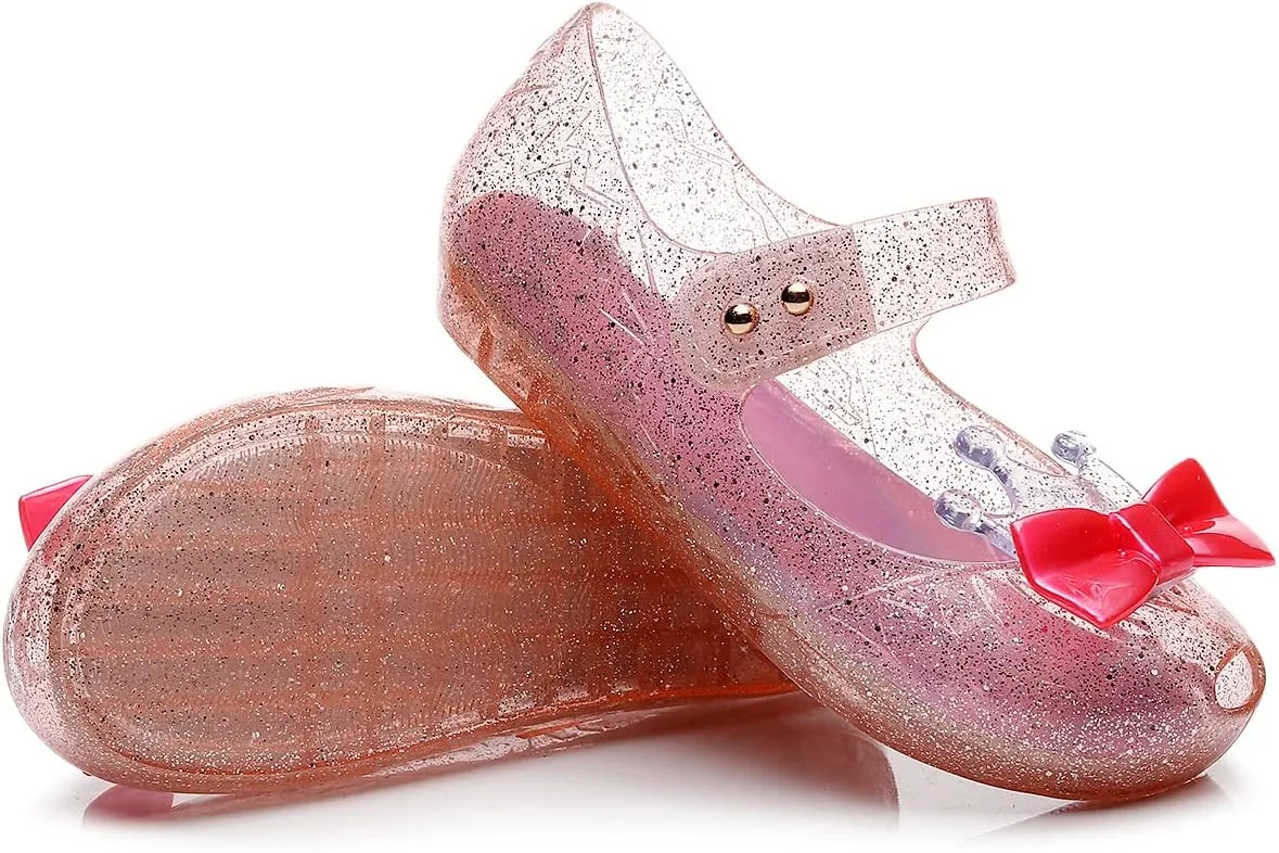 Jelly Shoes for Girls Princess Dress Up Flat Sandals for Toddler Cosplay Clear Glitter Jellies Mary Janes with Bow/Crown