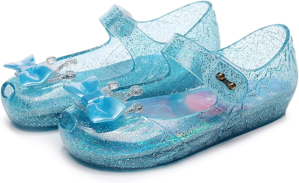 Jelly Shoes for Girls Princess Dress Up Flat Sandals for Toddler Cosplay Clear Glitter Jellies Mary Janes with Bow/Crown