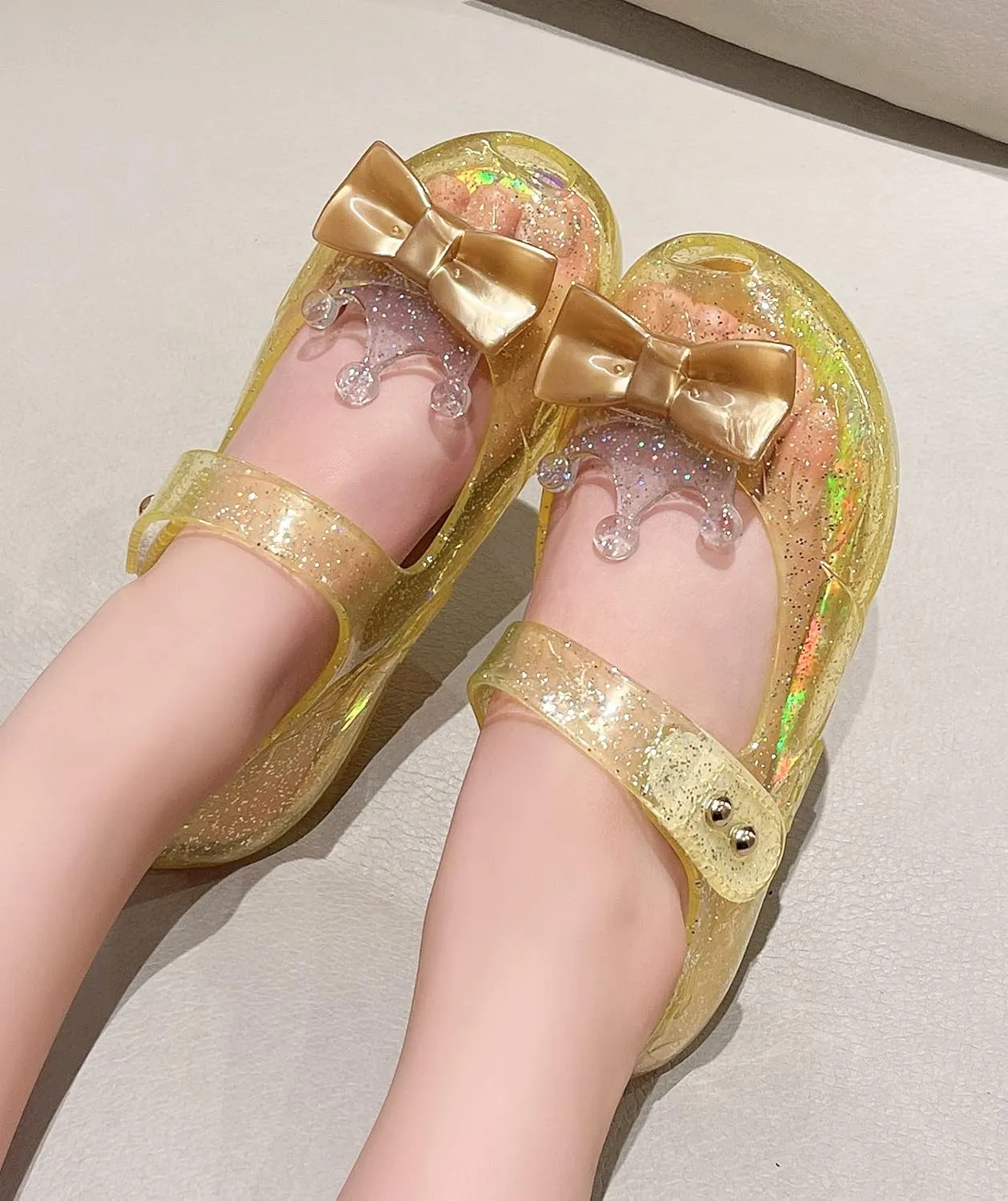 Jelly Shoes for Girls Princess Dress Up Flat Sandals for Toddler Cosplay Clear Glitter Jellies Mary Janes with Bow/Crown