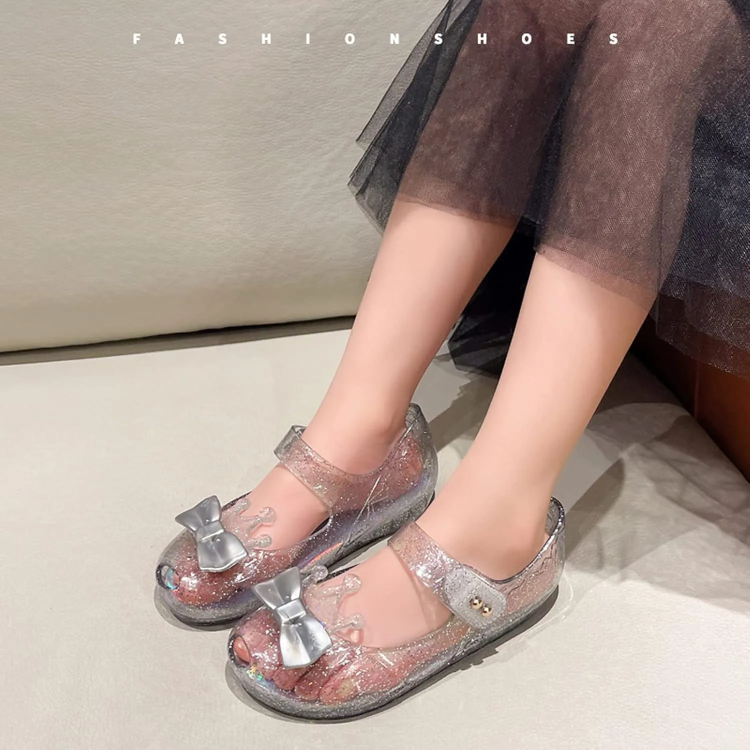 Jelly Shoes for Girls Princess Dress Up Flat Sandals for Toddler Cosplay Clear Glitter Jellies Mary Janes with Bow/Crown