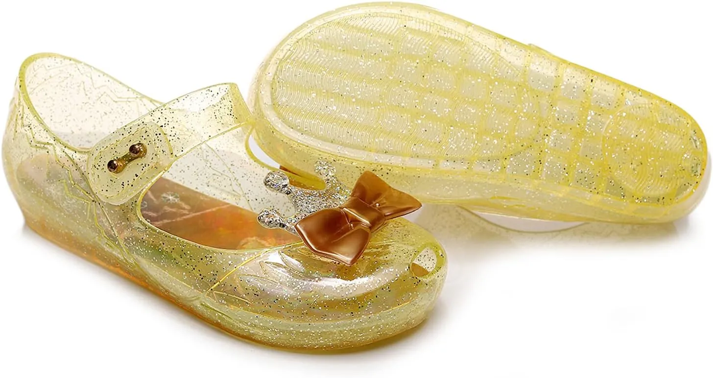Jelly Shoes for Girls Princess Dress Up Flat Sandals for Toddler Cosplay Clear Glitter Jellies Mary Janes with Bow/Crown