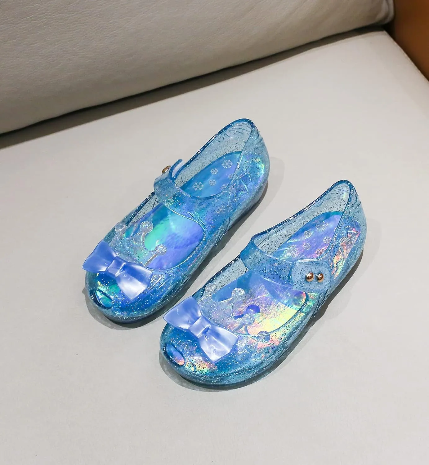 Jelly Shoes for Girls Princess Dress Up Flat Sandals for Toddler Cosplay Clear Glitter Jellies Mary Janes with Bow/Crown