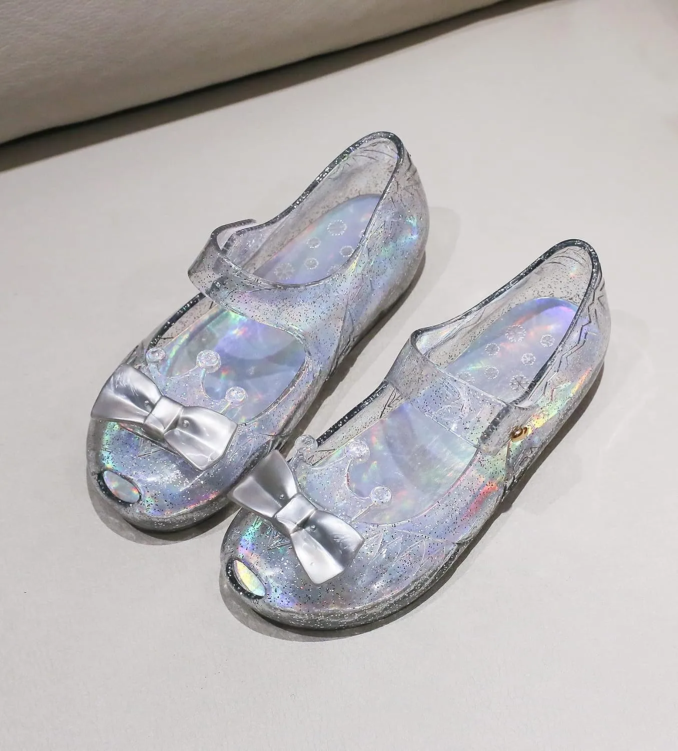 Jelly Shoes for Girls Princess Dress Up Flat Sandals for Toddler Cosplay Clear Glitter Jellies Mary Janes with Bow/Crown