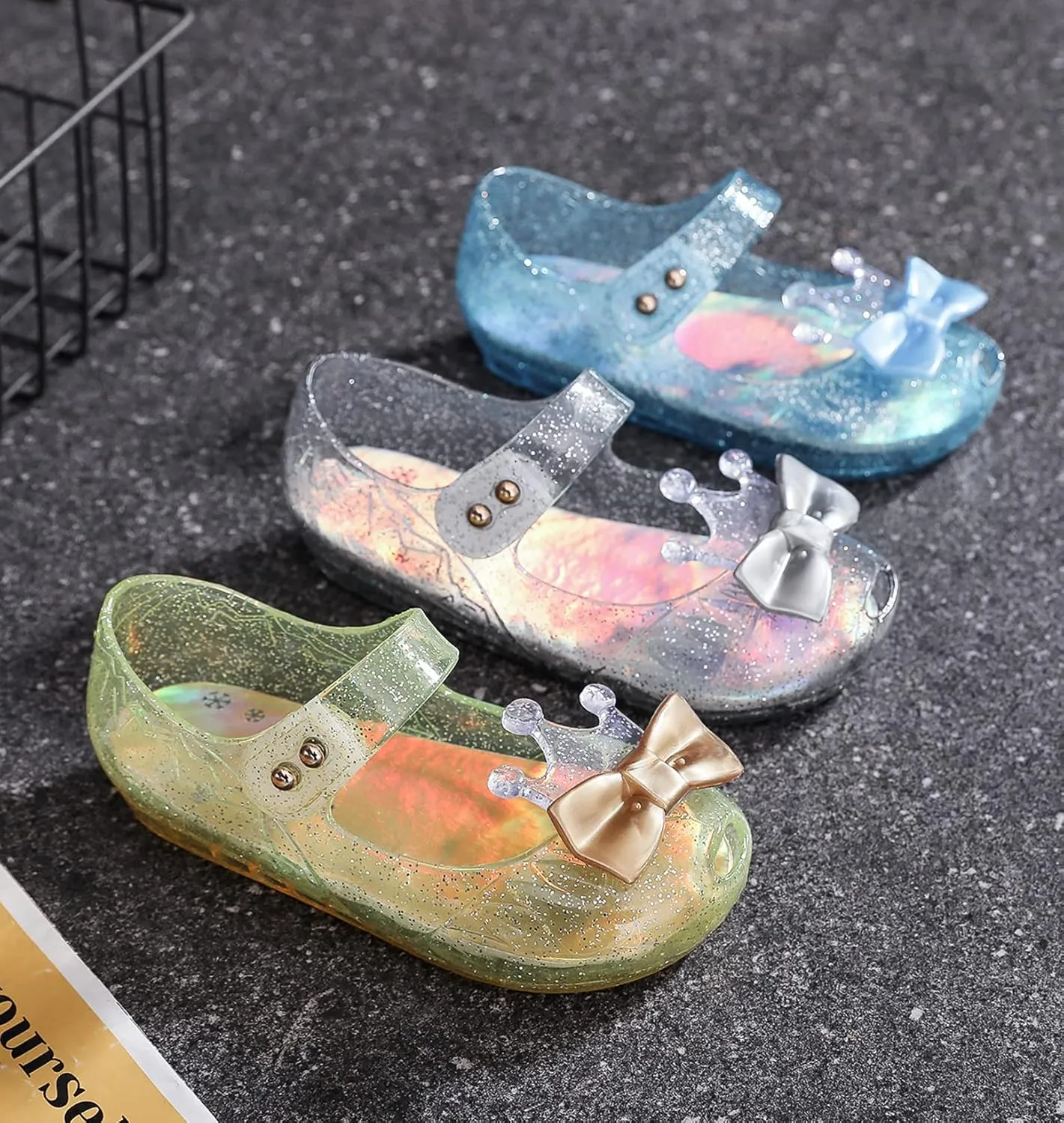 Jelly Shoes for Girls Princess Dress Up Flat Sandals for Toddler Cosplay Clear Glitter Jellies Mary Janes with Bow/Crown