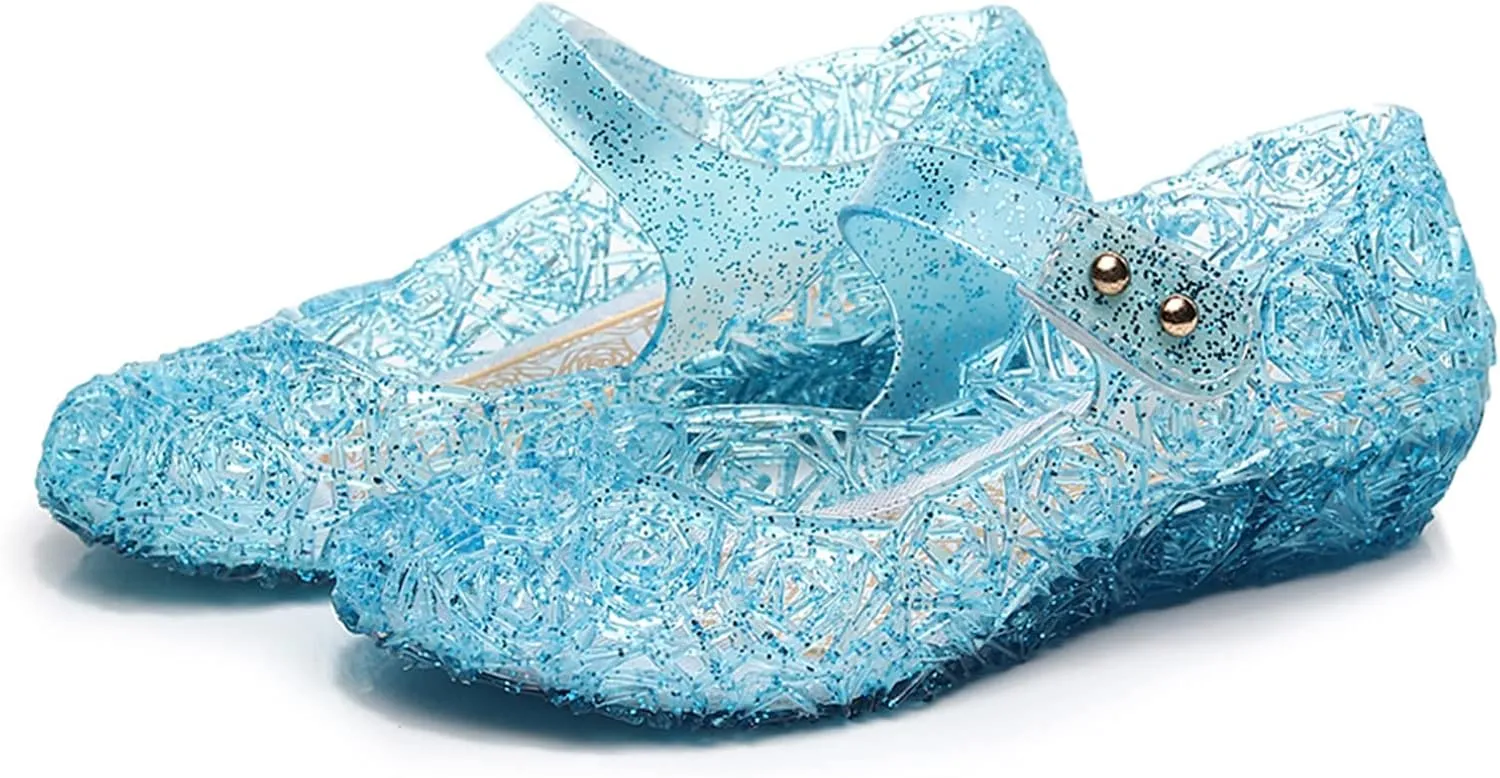 Jelly Shoes for Girls, Snow Queen Princess Birthday Sandals for Little Girls, Blue Toddler Glitter Sandals Size 9, Frozen Inspired Party Cosplay Costumes Dress Flats