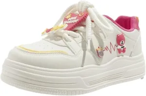 Kawaii Minty Mambo Cute Bear Decor Chunky Platform Sneakers - Y2K Style Low-Top Casual Shoes for Girls, Thick Invisible Height Increase Sole in Green, Purple & Red, Unique Personalized Fashion