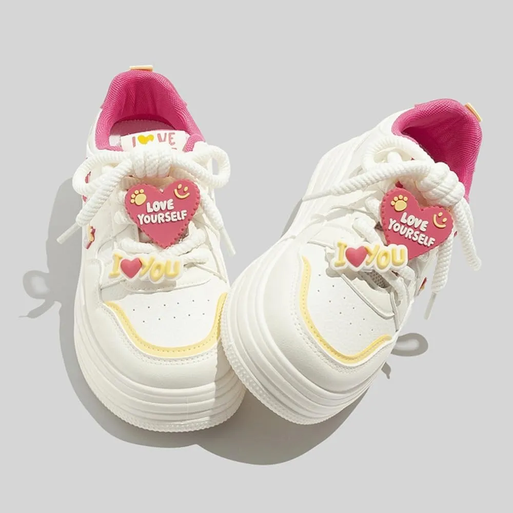 Kawaii Minty Mambo Cute Bear Decor Chunky Platform Sneakers - Y2K Style Low-Top Casual Shoes for Girls, Thick Invisible Height Increase Sole in Green, Purple & Red, Unique Personalized Fashion