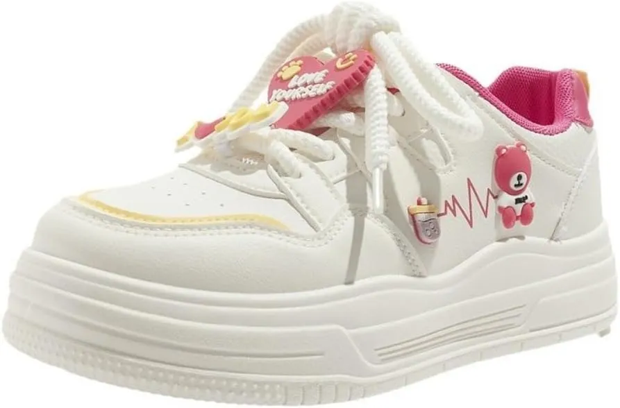 Kawaii Minty Mambo Cute Bear Decor Chunky Platform Sneakers - Y2K Style Low-Top Casual Shoes for Girls, Thick Invisible Height Increase Sole in Green, Purple & Red, Unique Personalized Fashion