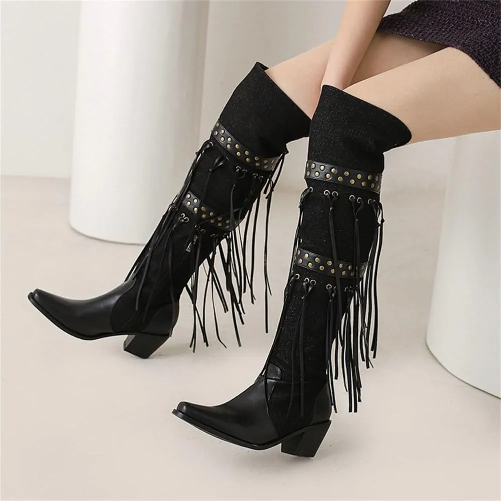 keleimusi Womens Tassels Over the Knee Boots Western Cowboy Cowgirl Tassel Chunky Heeled Thigh High Boho Boot