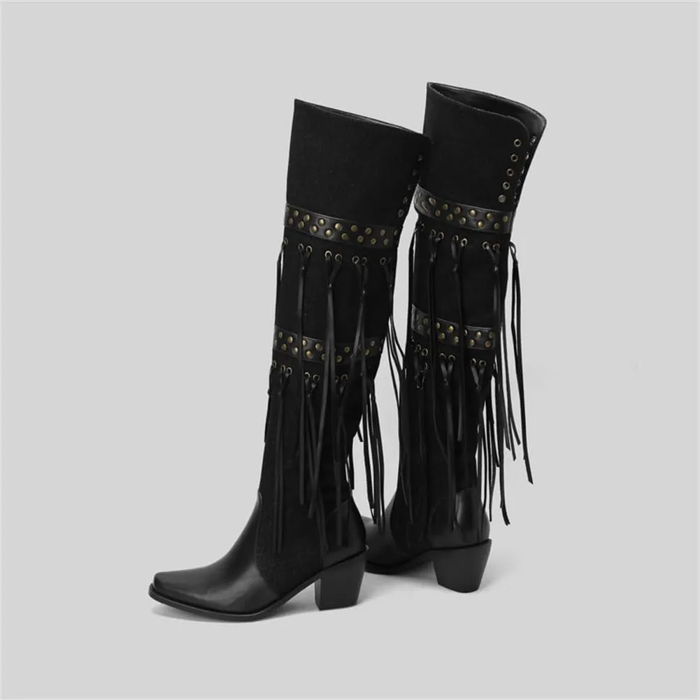 keleimusi Womens Tassels Over the Knee Boots Western Cowboy Cowgirl Tassel Chunky Heeled Thigh High Boho Boot