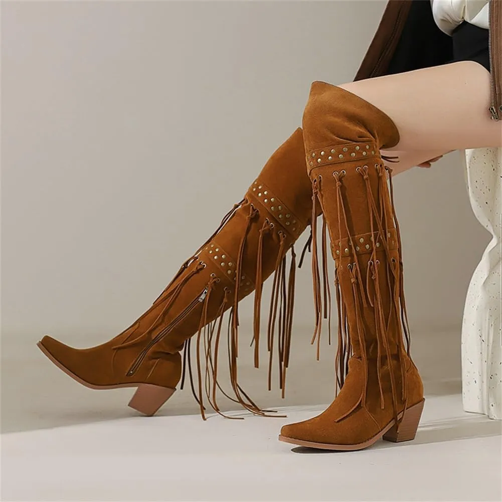 keleimusi Womens Tassels Over the Knee Boots Western Cowboy Cowgirl Tassel Chunky Heeled Thigh High Boho Boot