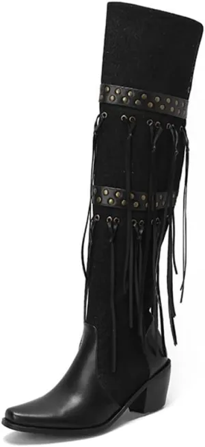 keleimusi Womens Tassels Over the Knee Boots Western Cowboy Cowgirl Tassel Chunky Heeled Thigh High Boho Boot