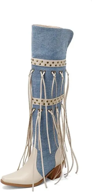 keleimusi Womens Tassels Over the Knee Boots Western Cowboy Cowgirl Tassel Chunky Heeled Thigh High Boho Boot