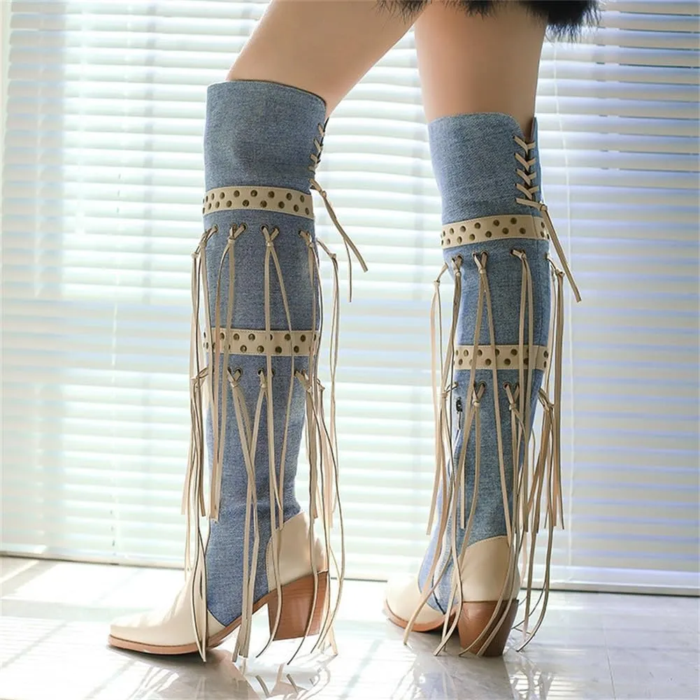 keleimusi Womens Tassels Over the Knee Boots Western Cowboy Cowgirl Tassel Chunky Heeled Thigh High Boho Boot