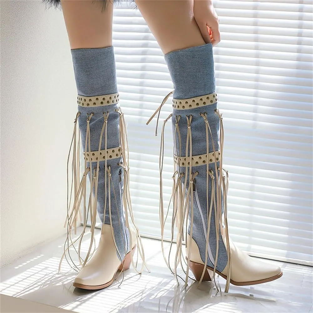 keleimusi Womens Tassels Over the Knee Boots Western Cowboy Cowgirl Tassel Chunky Heeled Thigh High Boho Boot