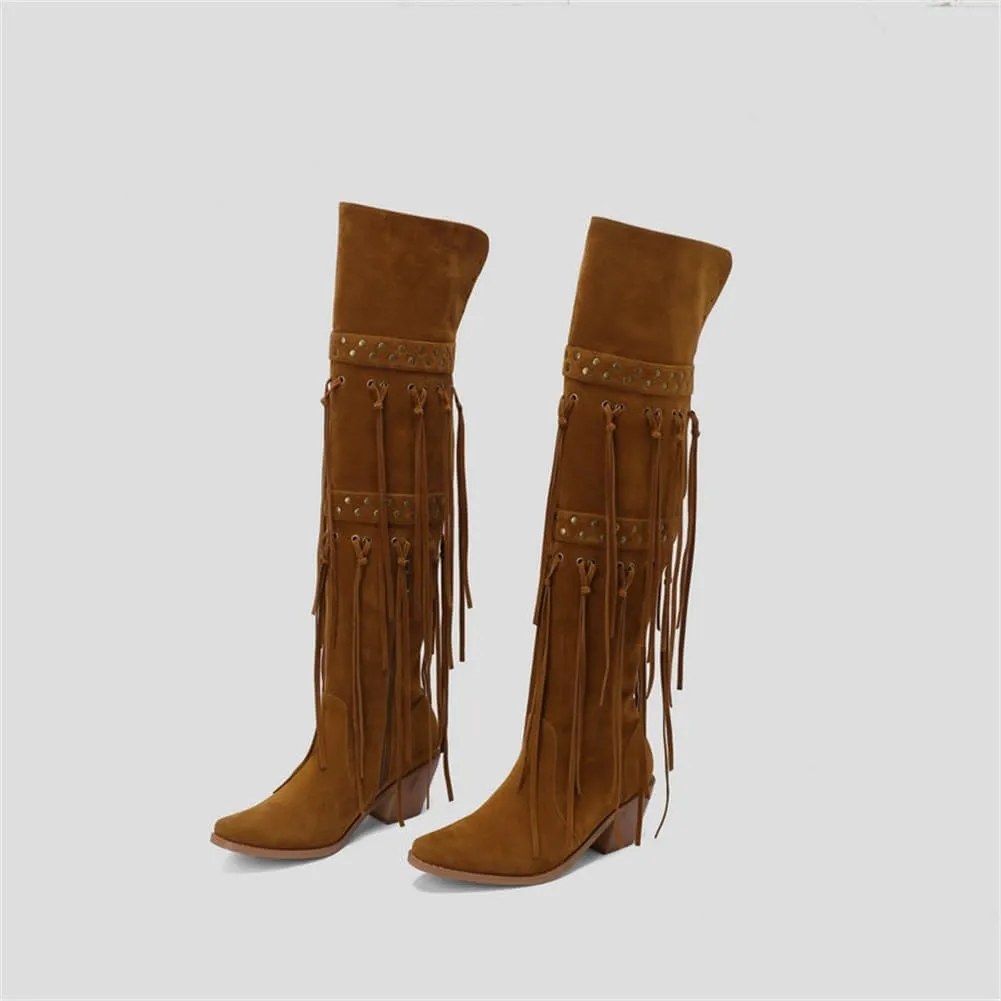 keleimusi Womens Tassels Over the Knee Boots Western Cowboy Cowgirl Tassel Chunky Heeled Thigh High Boho Boot