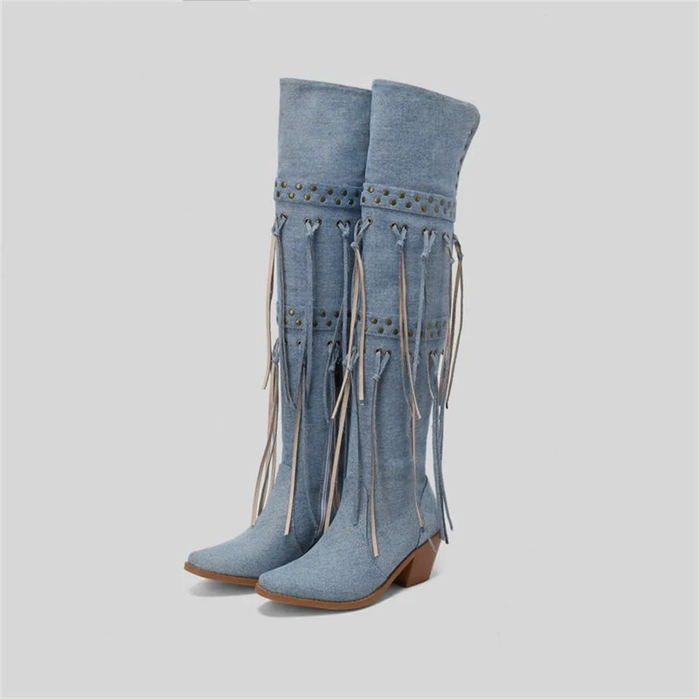 keleimusi Womens Tassels Over the Knee Boots Western Cowboy Cowgirl Tassel Chunky Heeled Thigh High Boho Boot