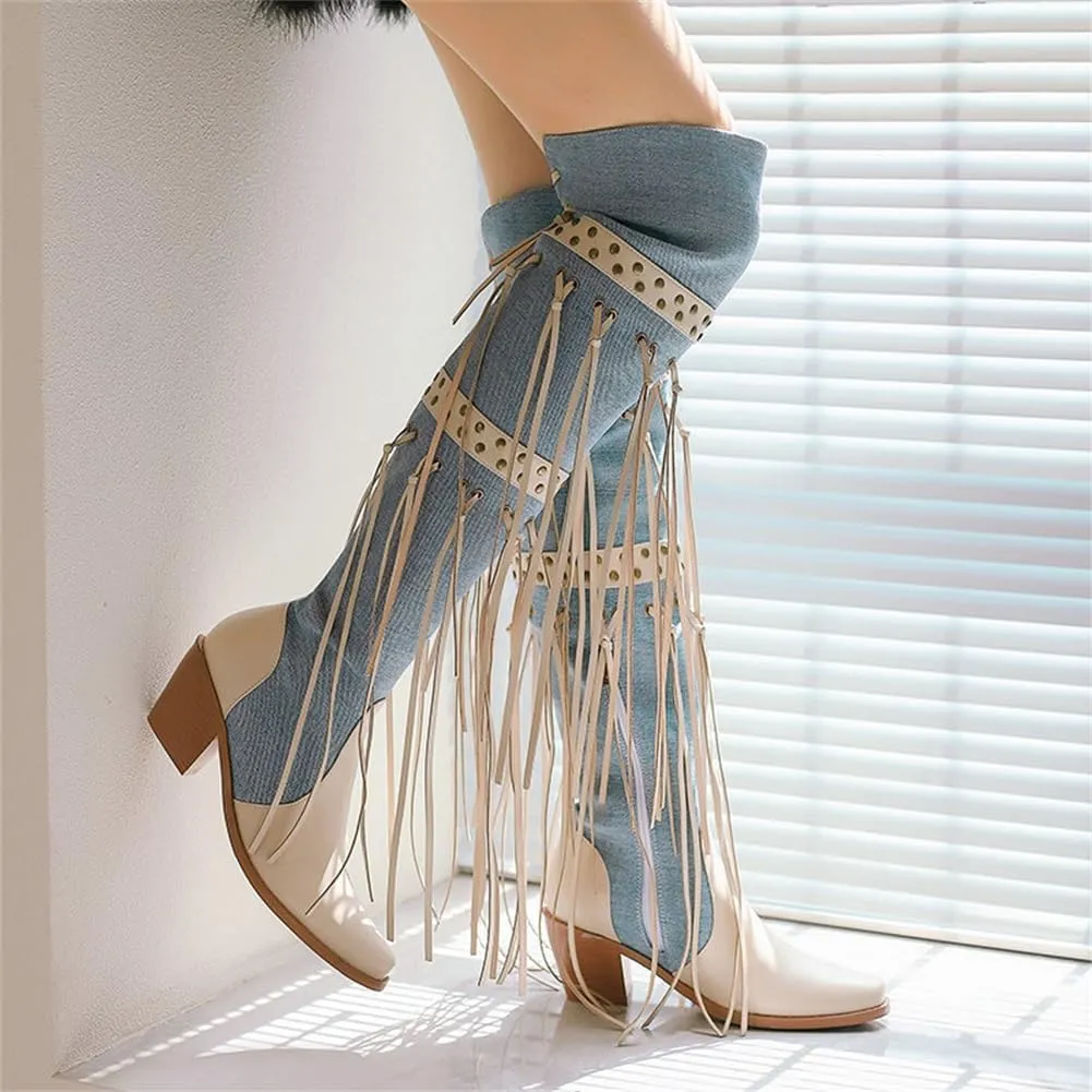 keleimusi Womens Tassels Over the Knee Boots Western Cowboy Cowgirl Tassel Chunky Heeled Thigh High Boho Boot