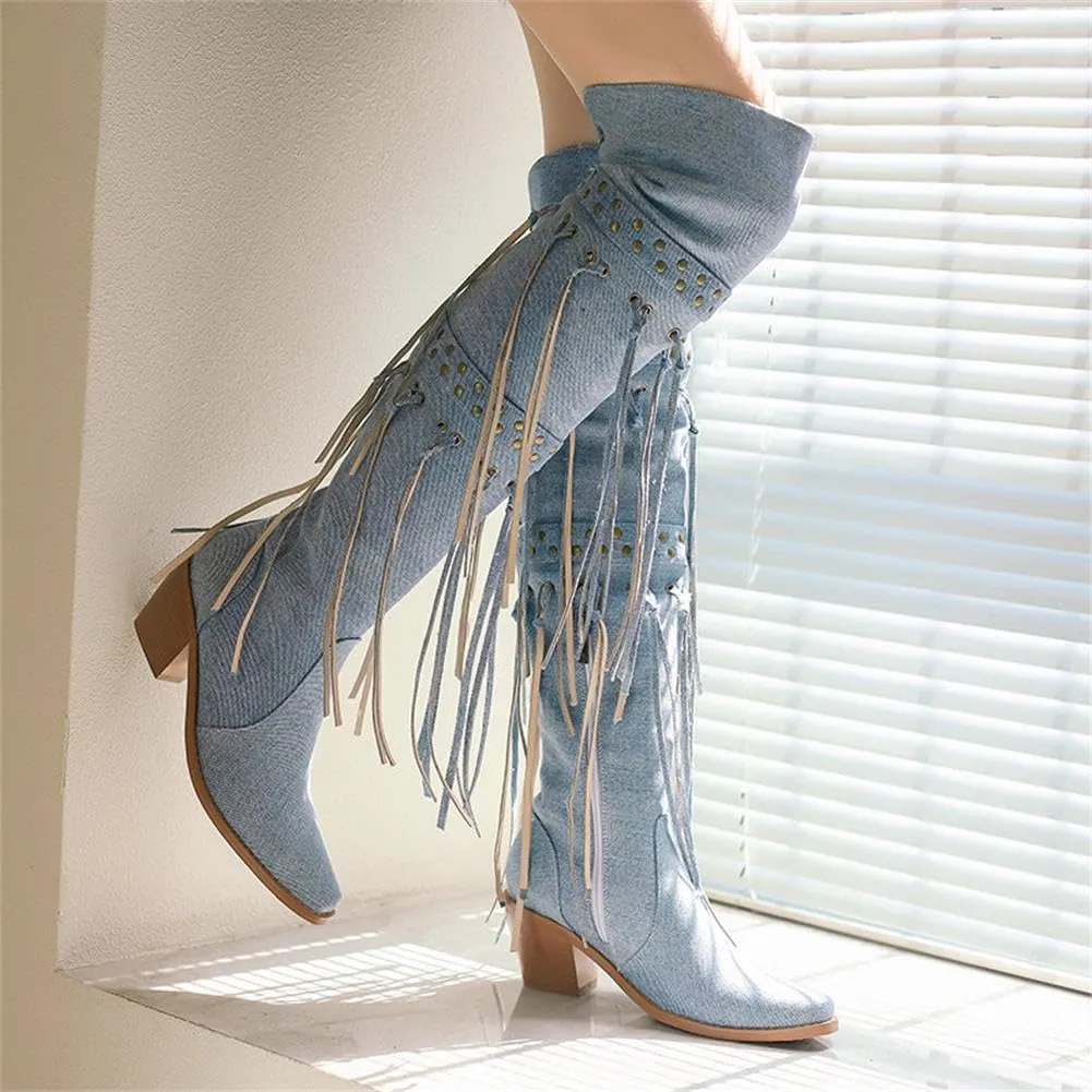 keleimusi Womens Tassels Over the Knee Boots Western Cowboy Cowgirl Tassel Chunky Heeled Thigh High Boho Boot