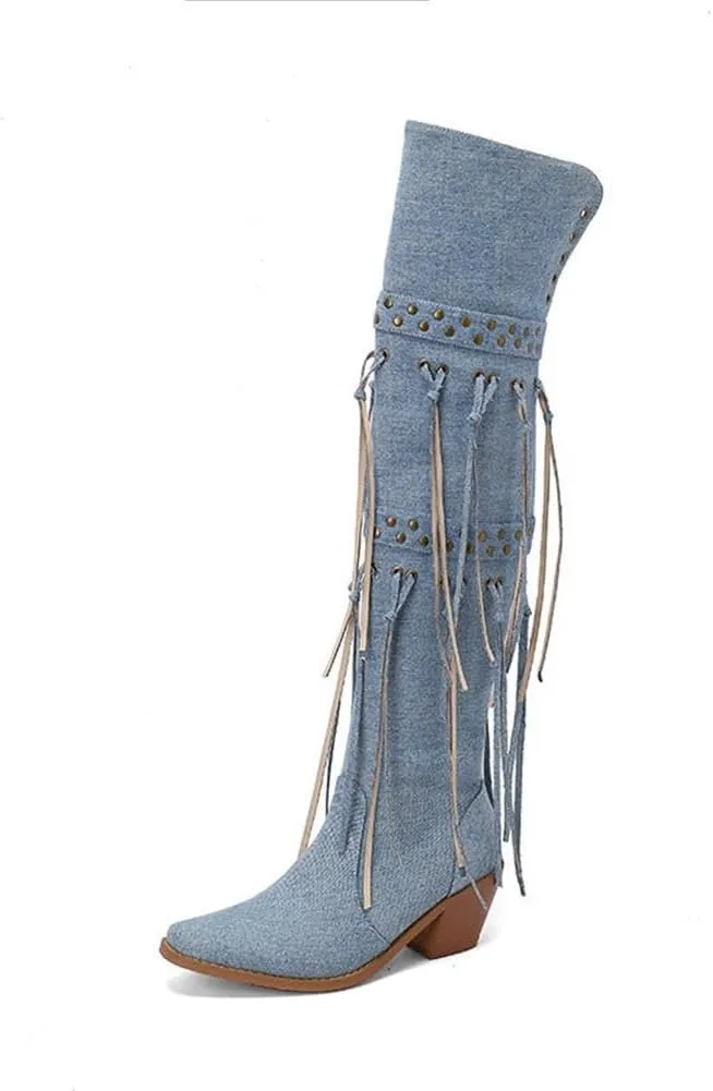 keleimusi Womens Tassels Over the Knee Boots Western Cowboy Cowgirl Tassel Chunky Heeled Thigh High Boho Boot