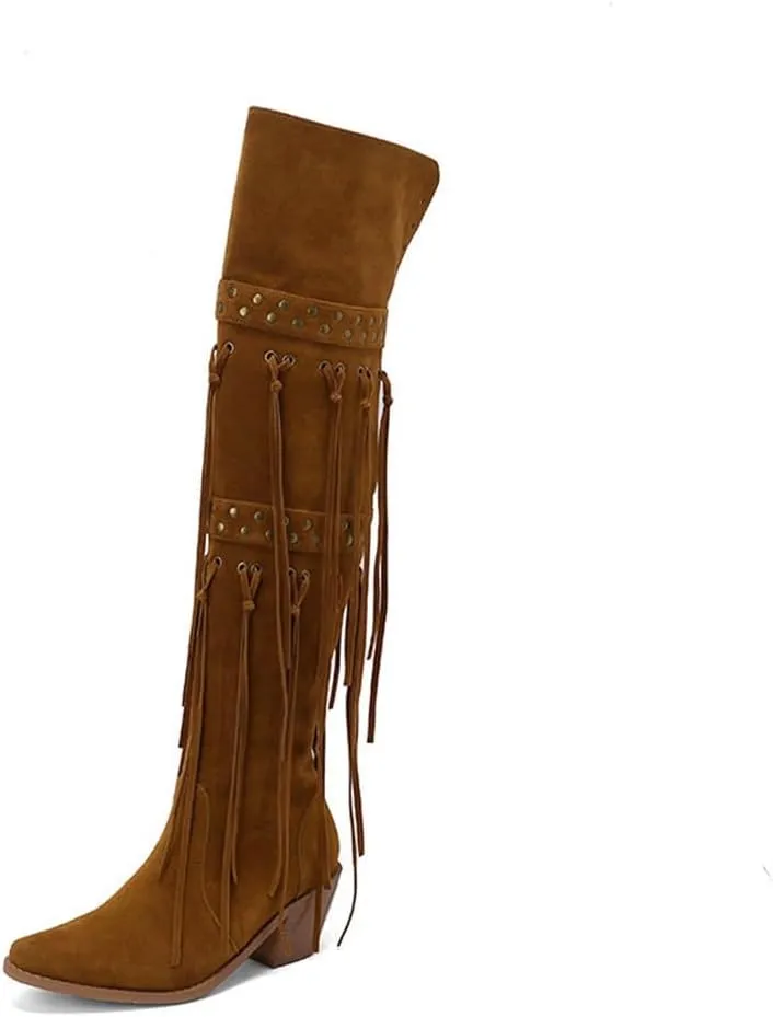 keleimusi Womens Tassels Over the Knee Boots Western Cowboy Cowgirl Tassel Chunky Heeled Thigh High Boho Boot