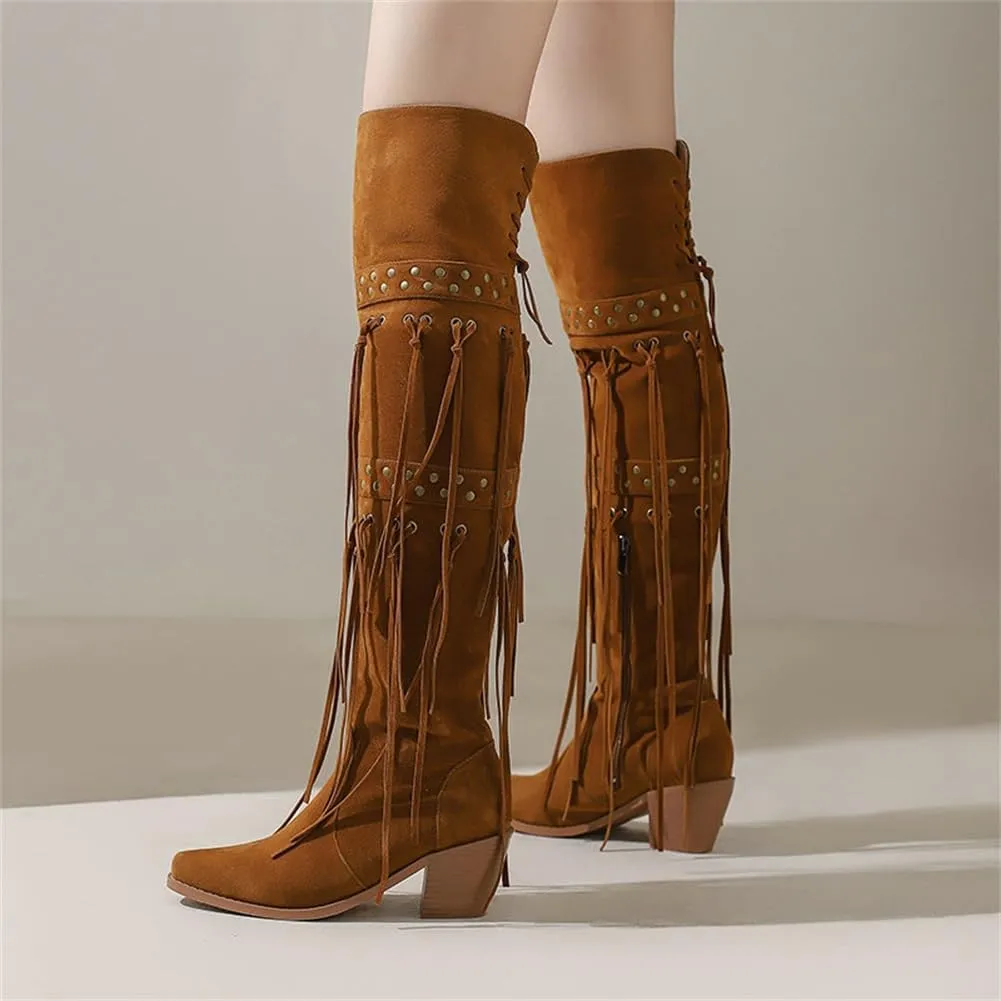 keleimusi Womens Tassels Over the Knee Boots Western Cowboy Cowgirl Tassel Chunky Heeled Thigh High Boho Boot