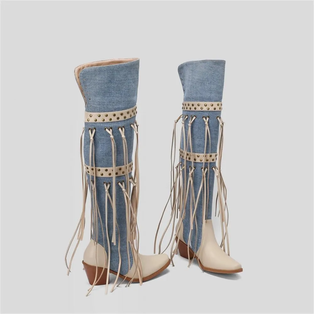keleimusi Womens Tassels Over the Knee Boots Western Cowboy Cowgirl Tassel Chunky Heeled Thigh High Boho Boot