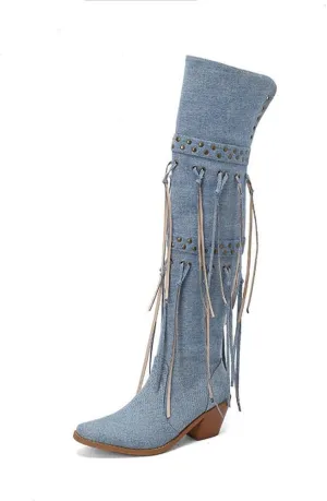 keleimusi Womens Tassels Over the Knee Boots Western Cowboy Cowgirl Tassel Chunky Heeled Thigh High Boho Boot
