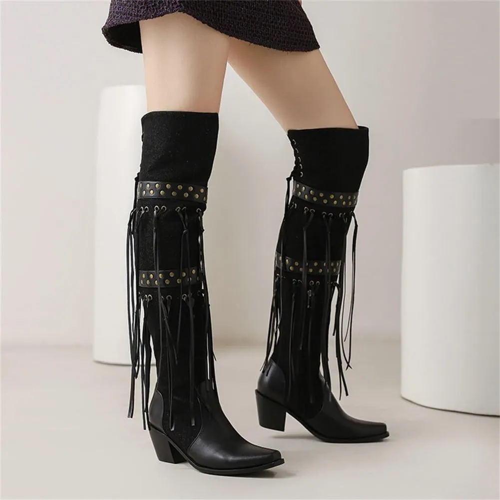 keleimusi Womens Tassels Over the Knee Boots Western Cowboy Cowgirl Tassel Chunky Heeled Thigh High Boho Boot