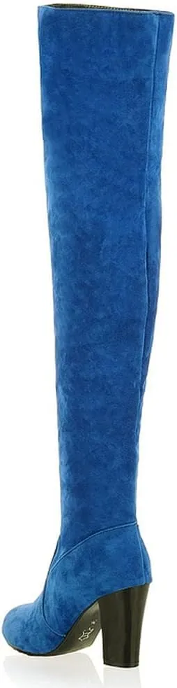 KOKOMOMO Womens Faux Suede Thigh High Heeled Round Toe Chunky Over The Knee Boots
