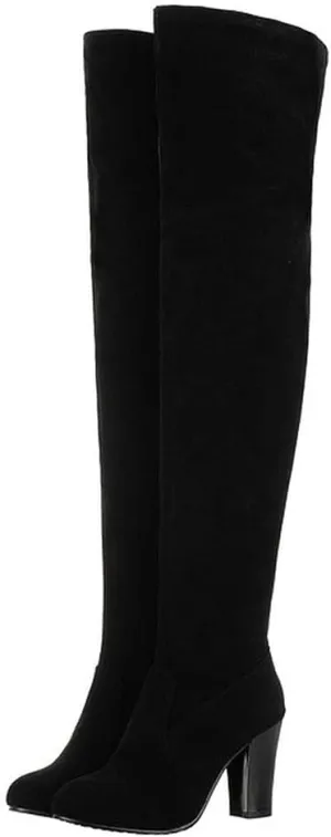 KOKOMOMO Womens Faux Suede Thigh High Heeled Round Toe Chunky Over The Knee Boots