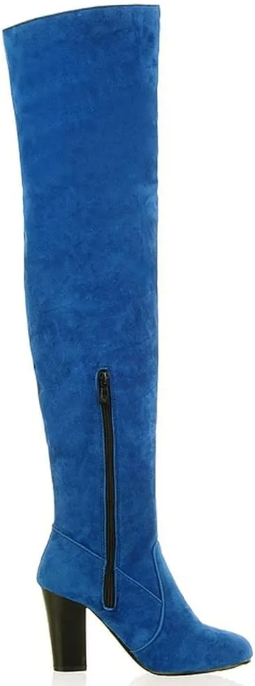 KOKOMOMO Womens Faux Suede Thigh High Heeled Round Toe Chunky Over The Knee Boots