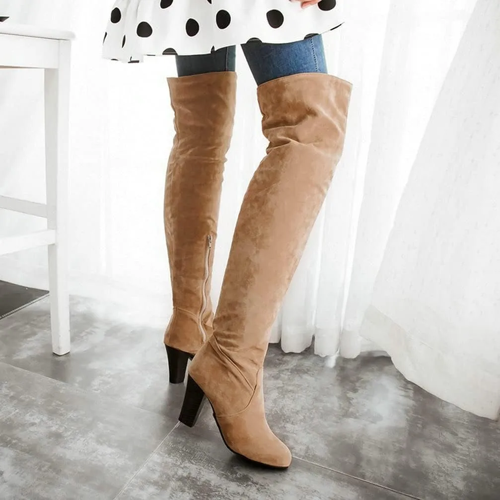 KOKOMOMO Womens Faux Suede Thigh High Heeled Round Toe Chunky Over The Knee Boots