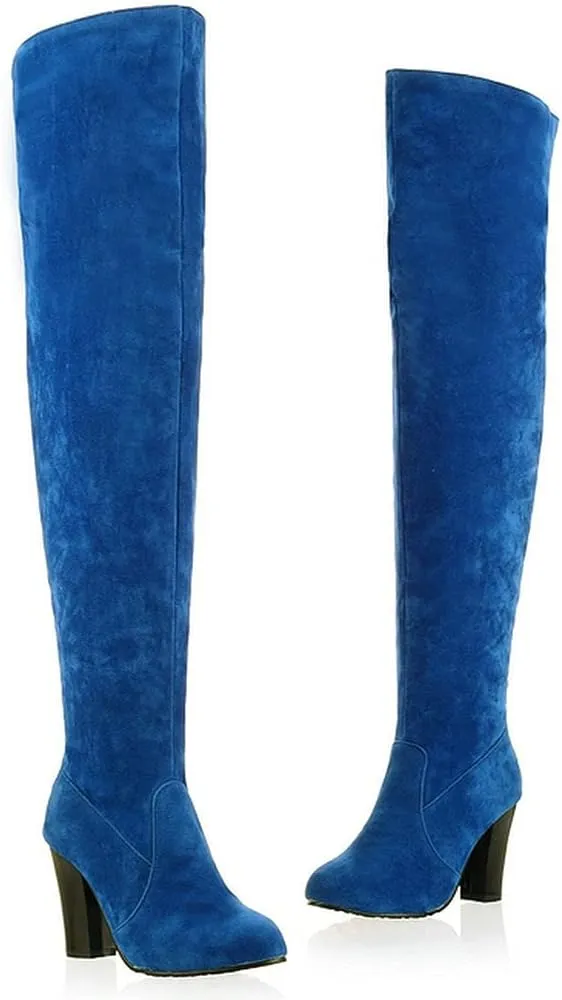 KOKOMOMO Womens Faux Suede Thigh High Heeled Round Toe Chunky Over The Knee Boots
