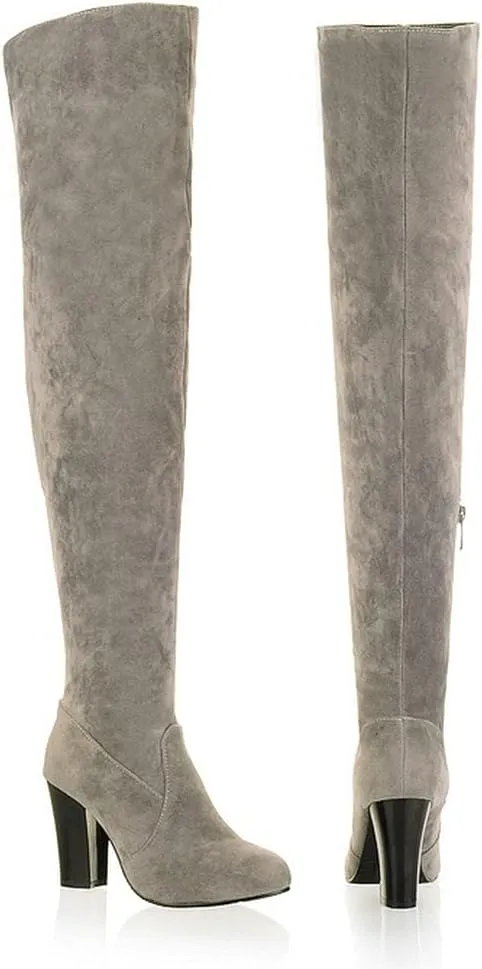 KOKOMOMO Womens Faux Suede Thigh High Heeled Round Toe Chunky Over The Knee Boots