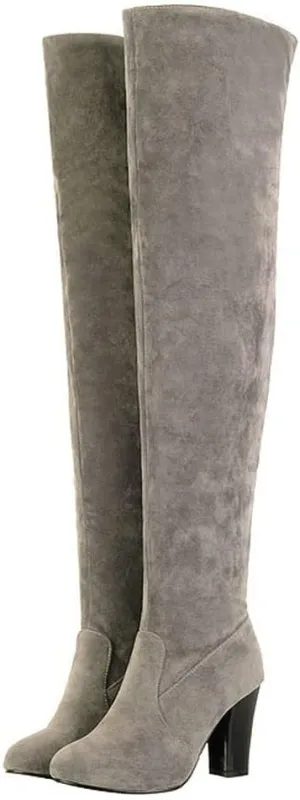 KOKOMOMO Womens Faux Suede Thigh High Heeled Round Toe Chunky Over The Knee Boots