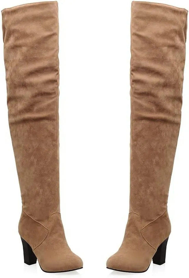 KOKOMOMO Womens Faux Suede Thigh High Heeled Round Toe Chunky Over The Knee Boots