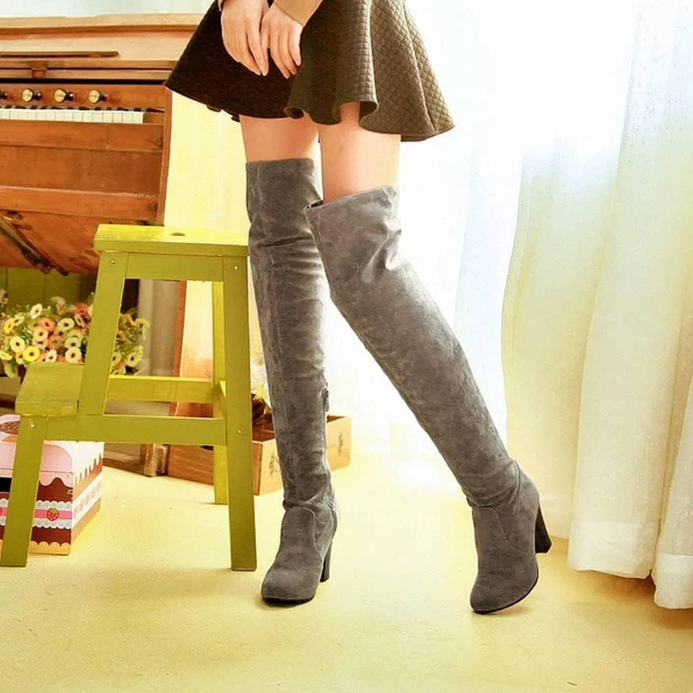 KOKOMOMO Womens Faux Suede Thigh High Heeled Round Toe Chunky Over The Knee Boots
