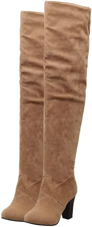 KOKOMOMO Womens Faux Suede Thigh High Heeled Round Toe Chunky Over The Knee Boots