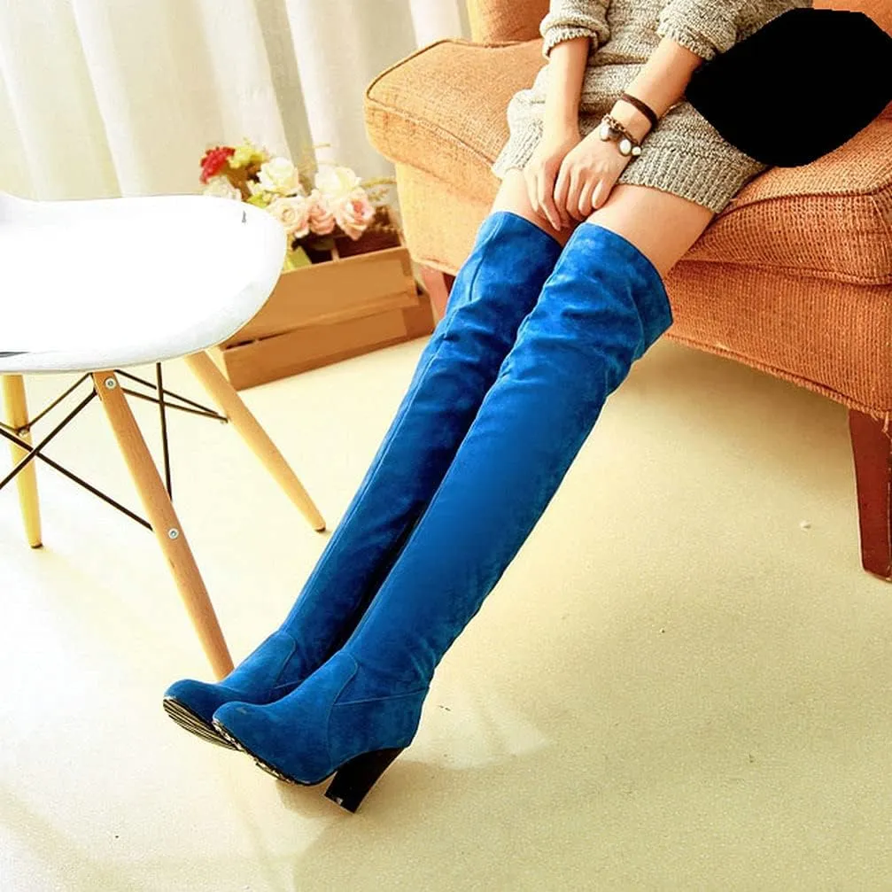 KOKOMOMO Womens Faux Suede Thigh High Heeled Round Toe Chunky Over The Knee Boots